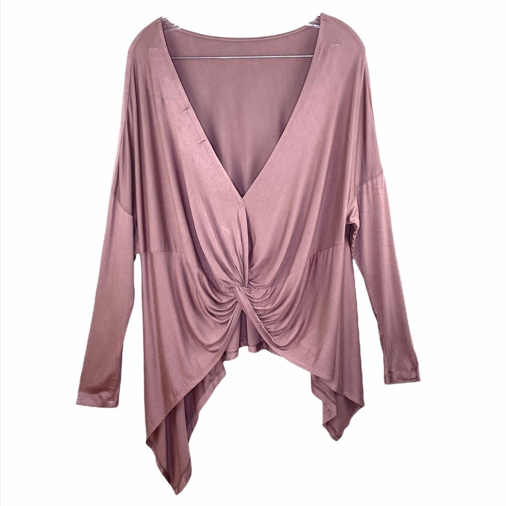 Mustard Seed Mauve Jersey Knit Oversized Flowy Twist Back Low V Back Top Sz S